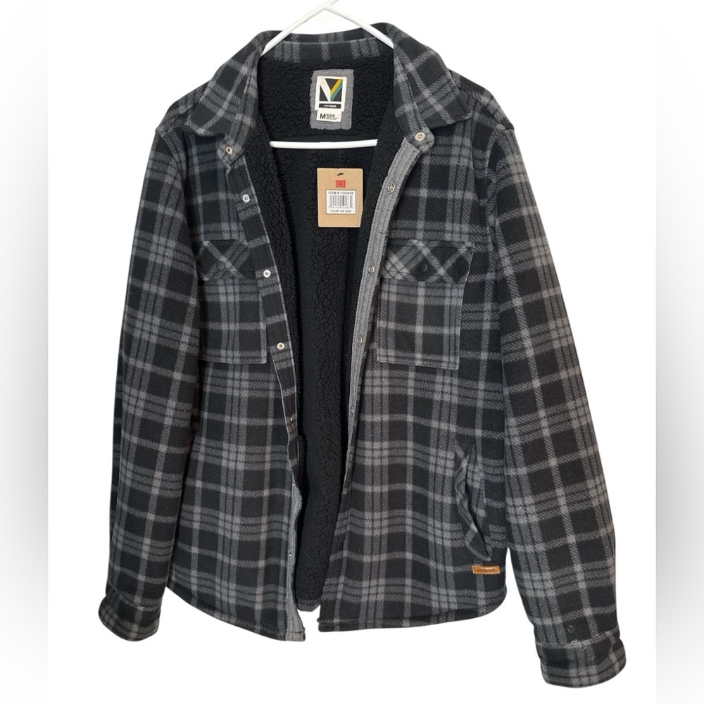 Voyager Fleece Lined Plaid Jacket Shacket Men’s Medium Black Gray Snap Front NWT - Picture 2 of 9